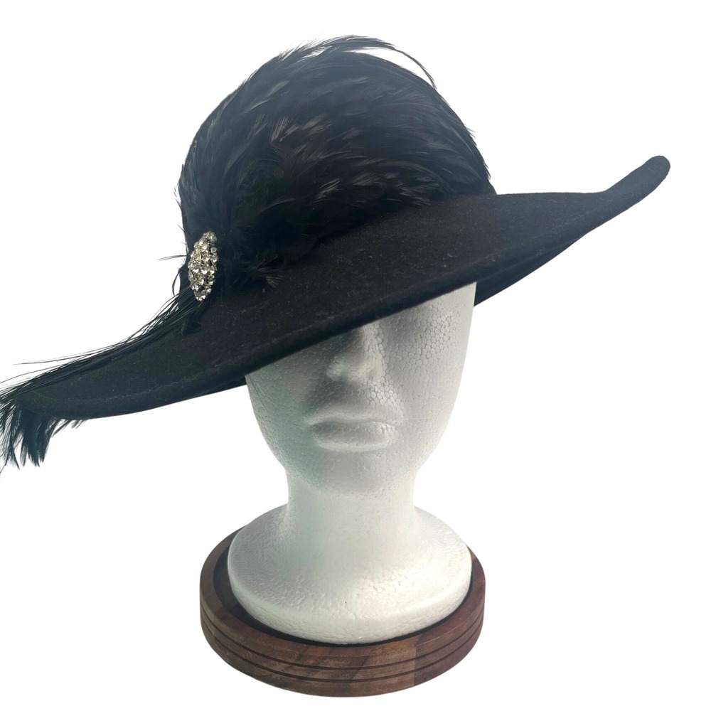 Vtg 40sLancaster Black Wool Cartwheel Hat Wide Brim Feather Rhinestone WPL 4384